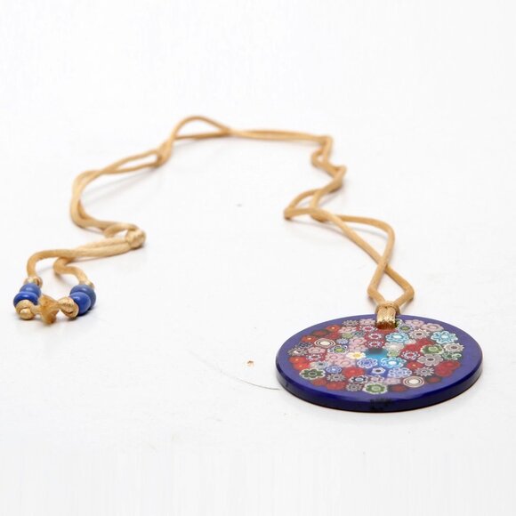 Vintage Murano Style Millefiori Glass Pendant Necklace Mosaic Floral Blue Italy - Picture 8 of 9